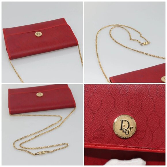 Christian Dior Honeycomb Canvas Chain Shoulder Bag PVC Red Gold Auth MX492 - Picture 16 of 16